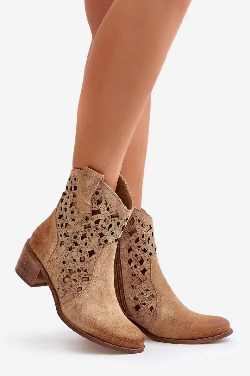 Botki Na Słupku|Botki Ażurowe>Boto Damskie Botki Na Obcasie Z Ażurowym Wzorem Lewski 3394/2 Beżowe