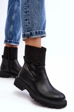 Discount Damskie Botki Na Płaskim Obcasie Ze Zdobieniem Czarne Zanidite Damskie Czarne Botki|Botki Płaskie