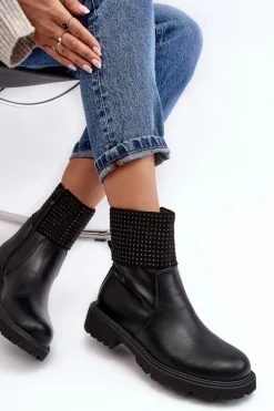 Discount Damskie Botki Na Płaskim Obcasie Ze Zdobieniem Czarne Zanidite Damskie Czarne Botki|Botki Płaskie