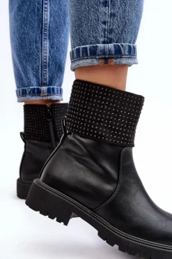 Discount Damskie Botki Na Płaskim Obcasie Ze Zdobieniem Czarne Zanidite Damskie Czarne Botki|Botki Płaskie