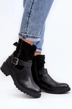 Outlet Boto Damskie Botki Na Płaskim Obcasie Z Klamrą Czarne Cillolis