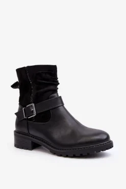 Outlet Boto Damskie Botki Na Płaskim Obcasie Z Klamrą Czarne Cillolis