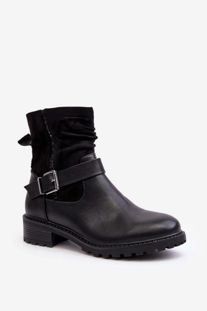 Outlet Boto Damskie Botki Na Płaskim Obcasie Z Klamrą Czarne Cillolis
