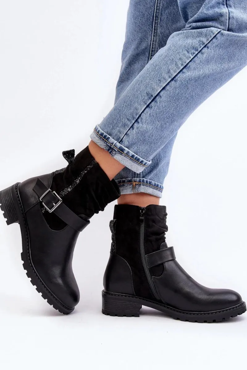 Outlet Boto Damskie Botki Na Płaskim Obcasie Z Klamrą Czarne Cillolis
