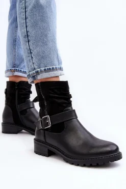 Outlet Boto Damskie Botki Na Płaskim Obcasie Z Klamrą Czarne Cillolis