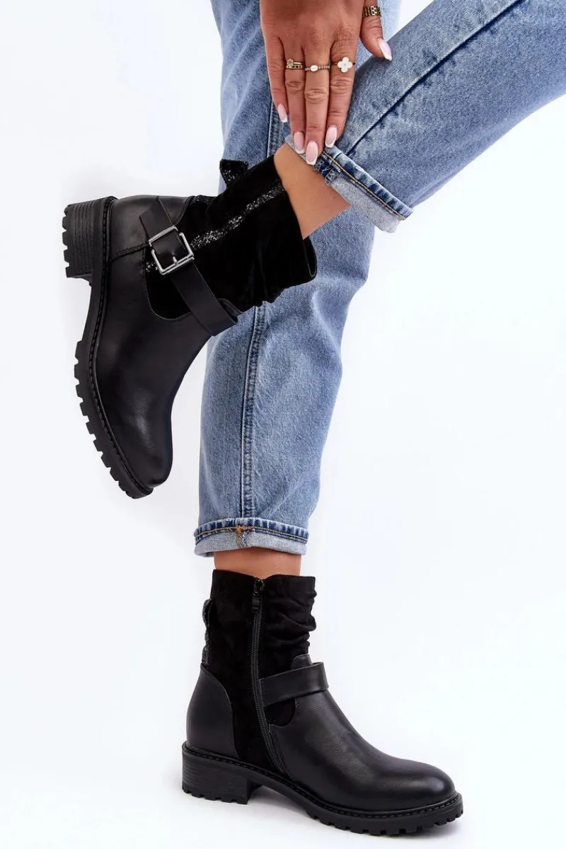 Outlet Boto Damskie Botki Na Płaskim Obcasie Z Klamrą Czarne Cillolis