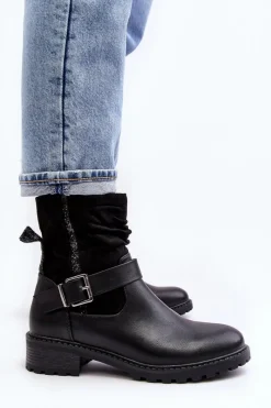 Outlet Boto Damskie Botki Na Płaskim Obcasie Z Klamrą Czarne Cillolis