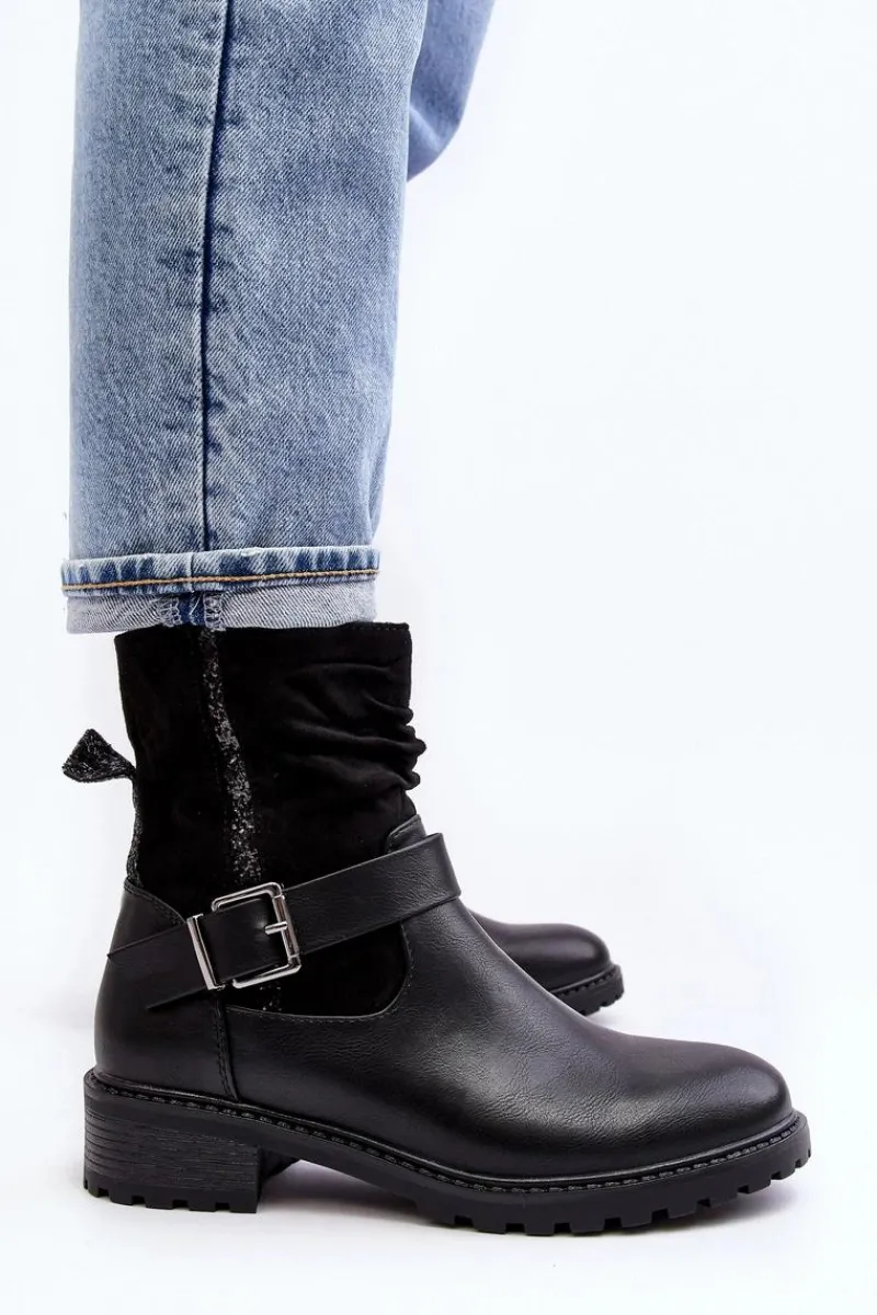 Outlet Boto Damskie Botki Na Płaskim Obcasie Z Klamrą Czarne Cillolis