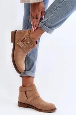 Online Damskie Botki Na Płaskim Obcasie Z Paskami Beżowe Melviana Damskie Botki Wiosenne|Brązowe I Beżowe Botki