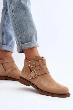 Online Damskie Botki Na Płaskim Obcasie Z Paskami Beżowe Melviana Damskie Botki Wiosenne|Brązowe I Beżowe Botki