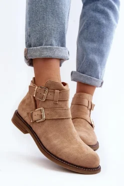 Online Damskie Botki Na Płaskim Obcasie Z Paskami Beżowe Melviana Damskie Botki Wiosenne|Brązowe I Beżowe Botki