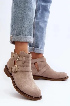 New Damskie Botki Na Płaskim Obcasie Z Paskami Jasnobeżowe Melviana Damskie Botki Wiosenne|Czarne Botki