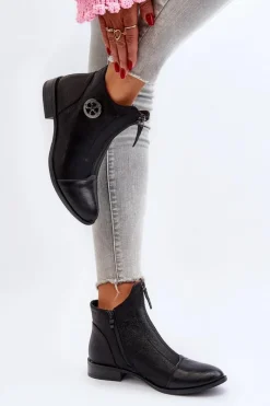 Outlet Boto Damskie Botki Na Płaskim Obcasie Z Zamkiem Czarne Loratie Czarny