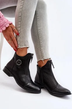 Outlet Boto Damskie Botki Na Płaskim Obcasie Z Zamkiem Czarne Loratie Czarny