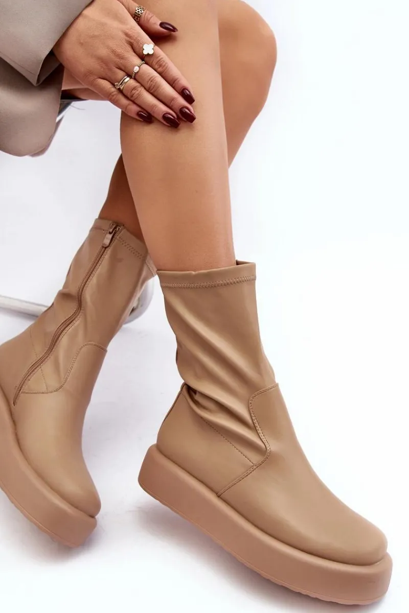 Boto Damskie Botki Na Platformie Ekoskóra Beżowe Algedi