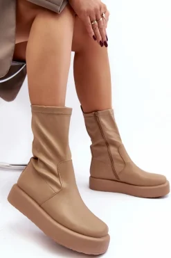 Boto Damskie Botki Na Platformie Ekoskóra Beżowe Algedi