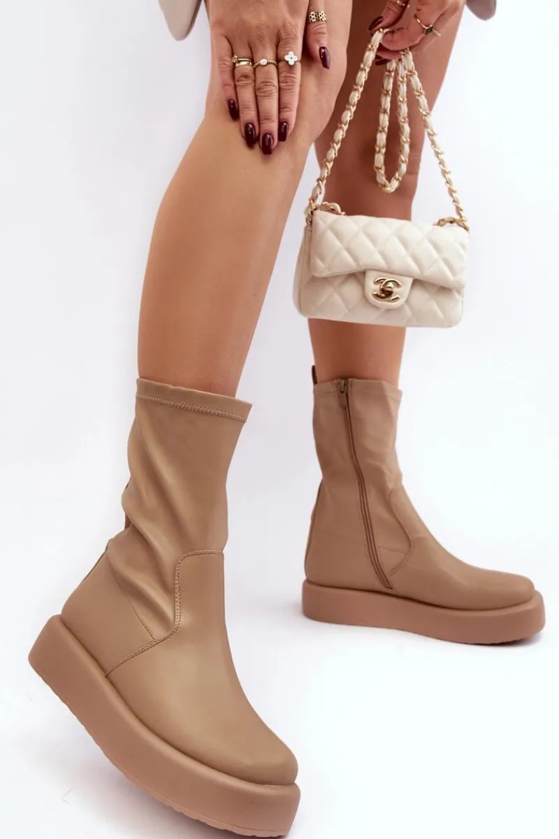 Boto Damskie Botki Na Platformie Ekoskóra Beżowe Algedi