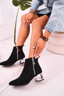 Boto Damskie Botki Na Srebrnym Obcasie Zamszowe Czarne Norah