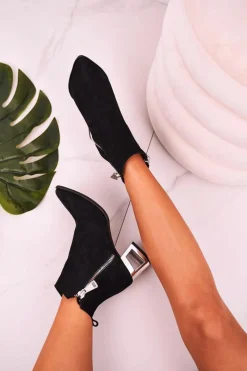 Boto Damskie Botki Na Srebrnym Obcasie Zamszowe Czarne Norah