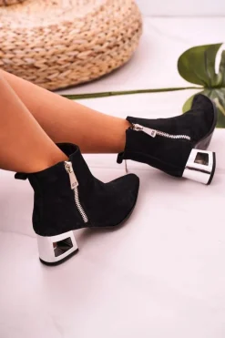 Boto Damskie Botki Na Srebrnym Obcasie Zamszowe Czarne Norah