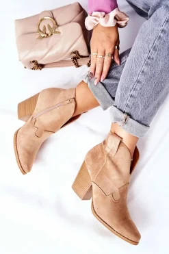 Online Damskie Botki Na Słupku Beżowe Meronet Damskie Botki Na Słupku|Botki Zimowe Damskie