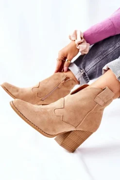 Online Damskie Botki Na Słupku Beżowe Meronet Damskie Botki Na Słupku|Botki Zimowe Damskie