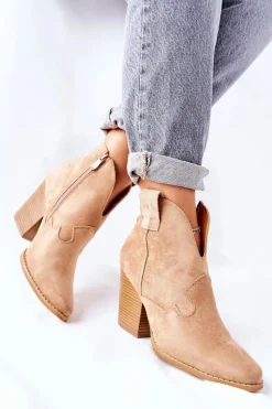 Online Damskie Botki Na Słupku Beżowe Meronet Damskie Botki Na Słupku|Botki Zimowe Damskie