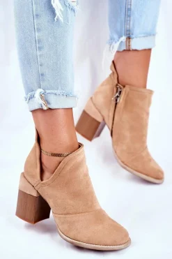 Boto Damskie Botki Na Słupku Beżowe Wycięte Meliori