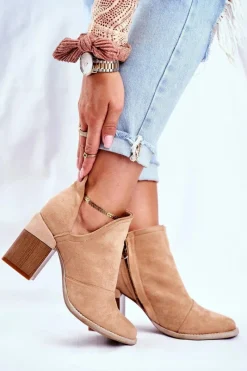 Boto Damskie Botki Na Słupku Beżowe Wycięte Meliori