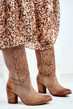 Online Damskie Botki Na Słupku Beżowe Skórzane Wysokie Rosemary Damskie Botki Na Słupku|Brązowe I Beżowe Botki