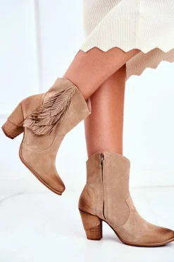 New Boto Damskie Botki Na Słupku Beżowe Skórzane Quintana