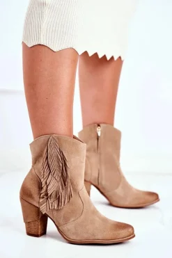 New Boto Damskie Botki Na Słupku Beżowe Skórzane Quintana