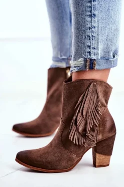 New Boto Damskie Botki Na Słupku Cappuccino Skórzane Quintana