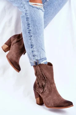 New Boto Damskie Botki Na Słupku Cappuccino Skórzane Quintana