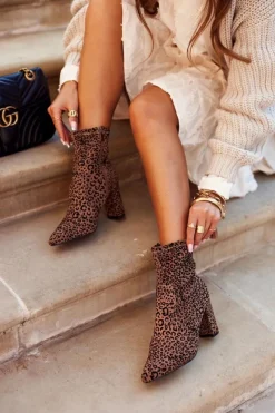 Online Damskie buty S.Barski Damskie Botki Na Słupku Cętki Camel Panther