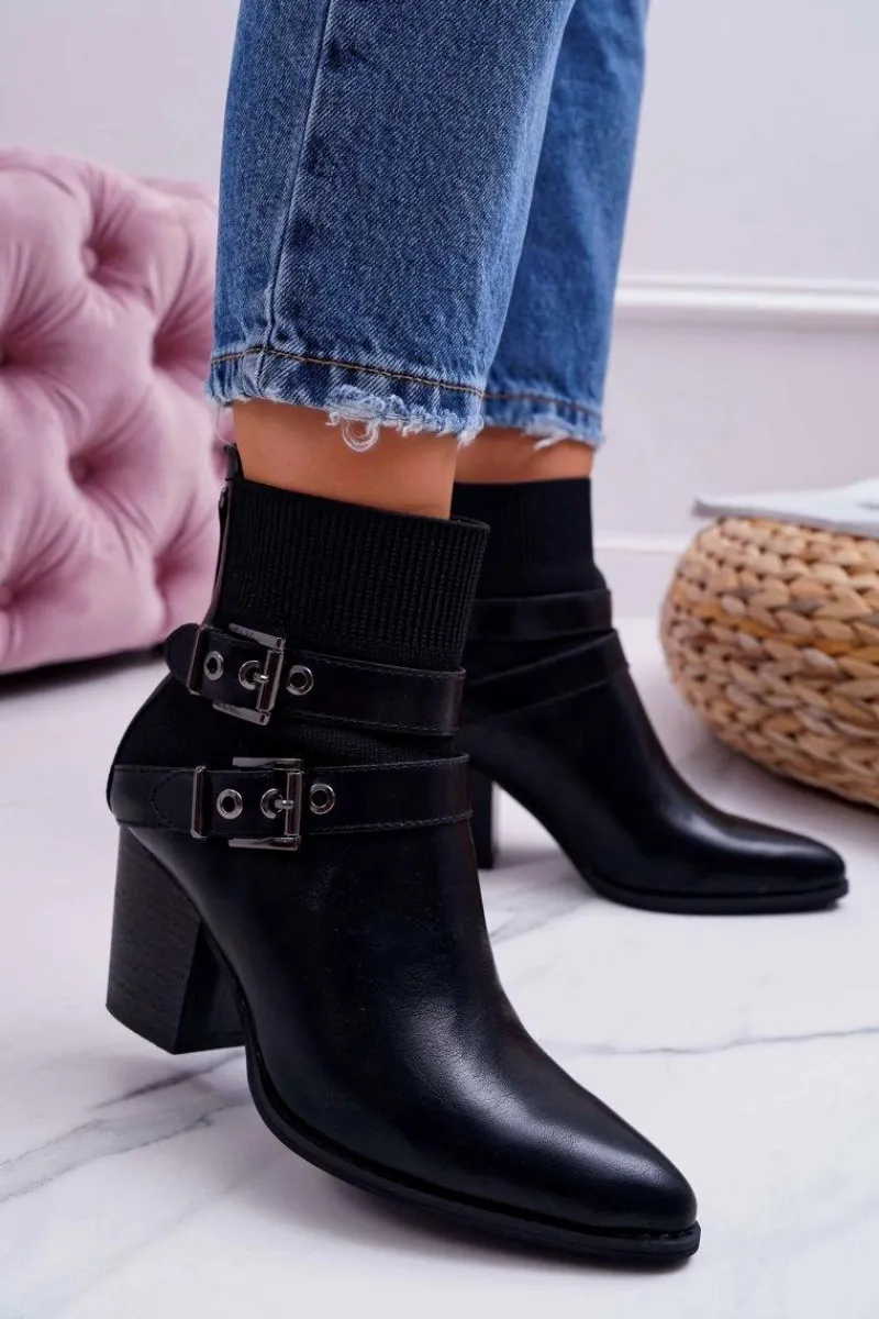 Botki Na Słupku|Botki Na Obcasie>Boto Damskie Botki Na Słupku Klamry W Szpic Czarne Fello