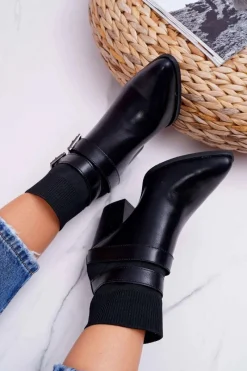 Botki Na Słupku|Botki Na Obcasie>Boto Damskie Botki Na Słupku Klamry W Szpic Czarne Fello