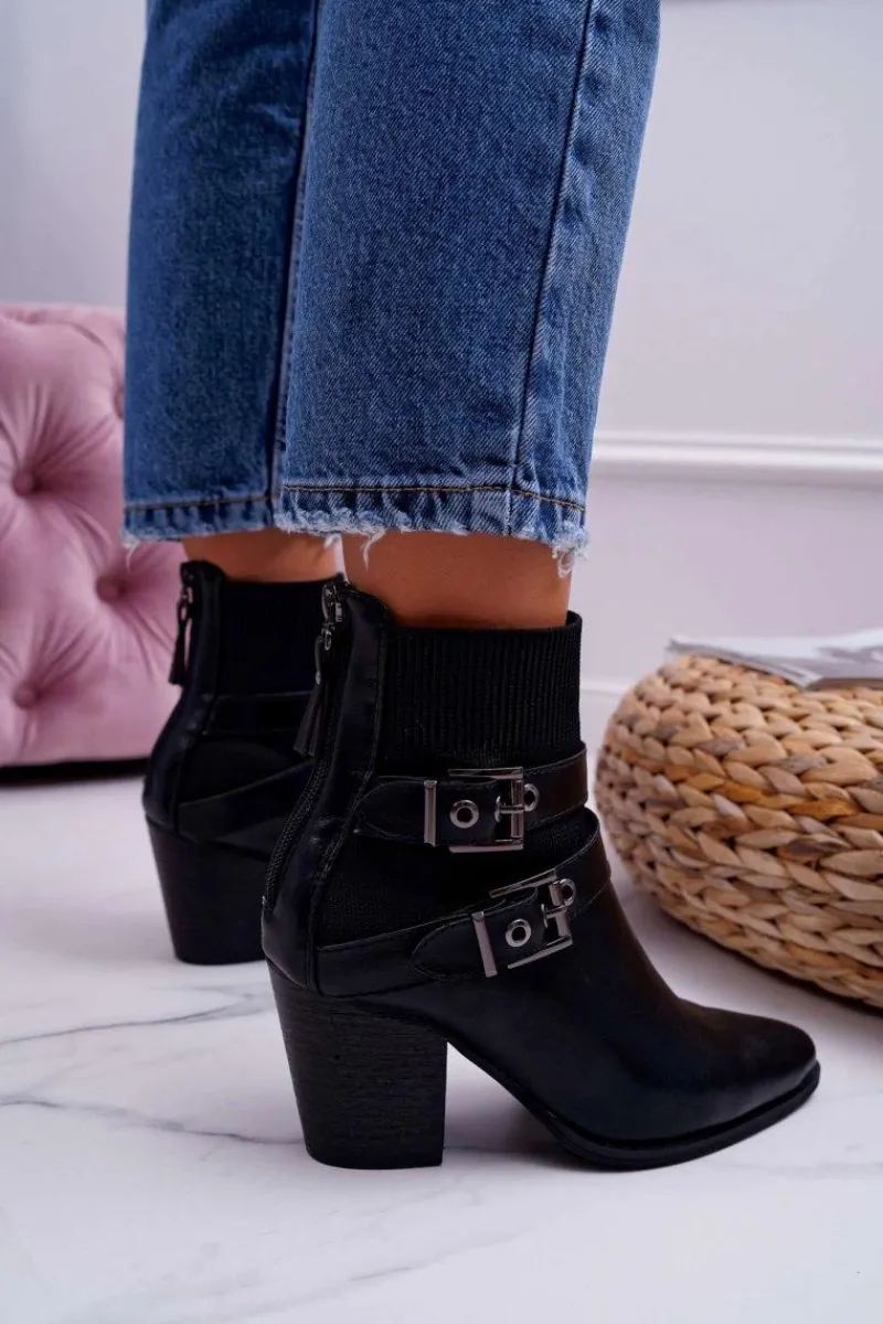 Botki Na Słupku|Botki Na Obcasie>Boto Damskie Botki Na Słupku Klamry W Szpic Czarne Fello