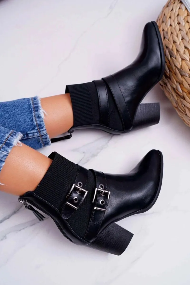 Botki Na Słupku|Botki Na Obcasie>Boto Damskie Botki Na Słupku Klamry W Szpic Czarne Fello