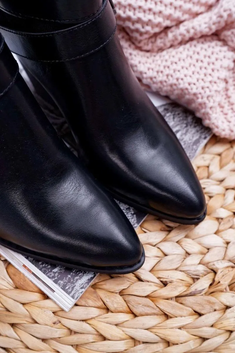 Botki Na Słupku|Botki Na Obcasie>Boto Damskie Botki Na Słupku Klamry W Szpic Czarne Fello