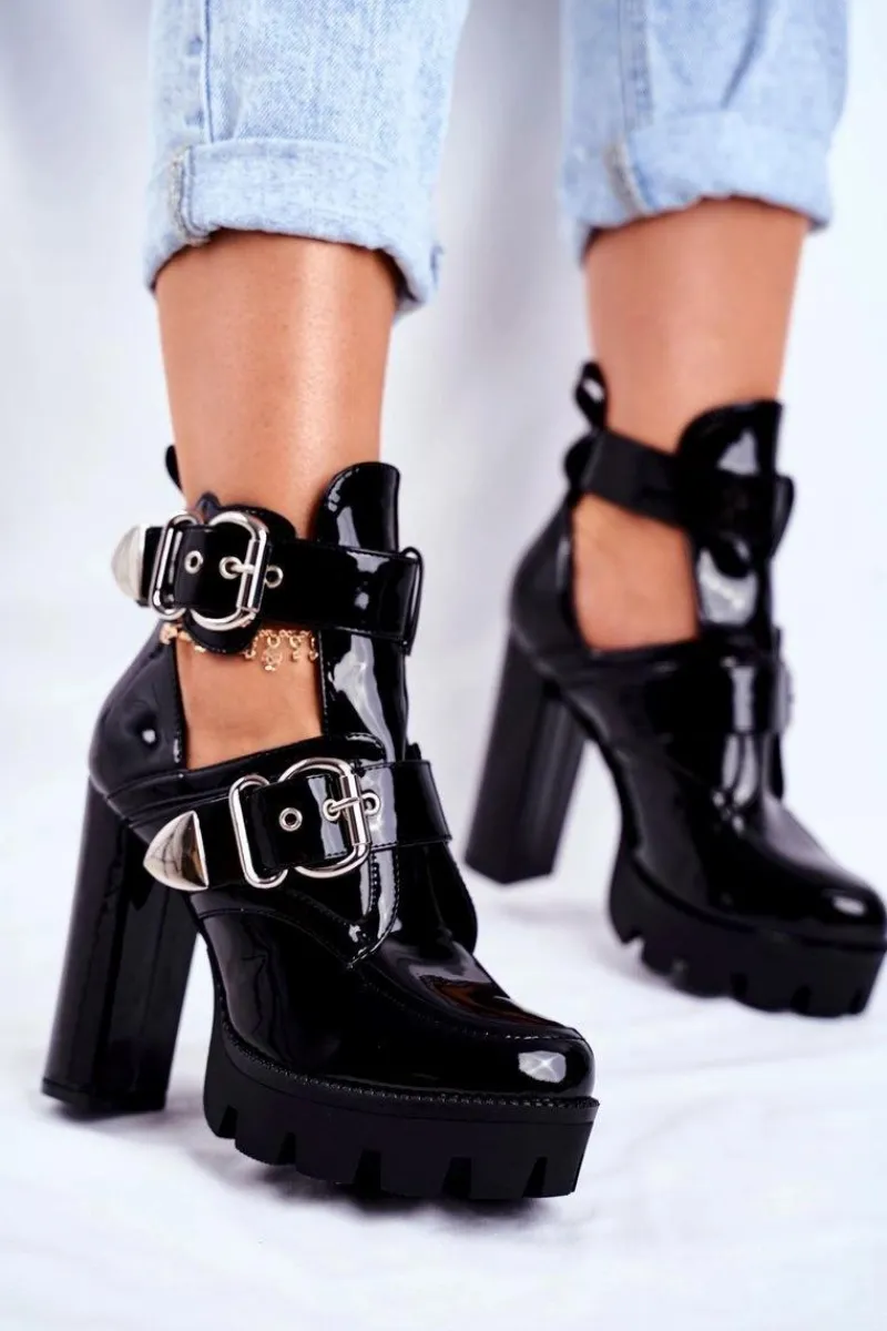 Outlet Damskie Botki Na Słupku Lakierowane Czarne Rock Time! Damskie Botki Na Słupku|Botki Na Obcasie