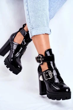 Outlet Damskie Botki Na Słupku Lakierowane Czarne Rock Time! Damskie Botki Na Słupku|Botki Na Obcasie