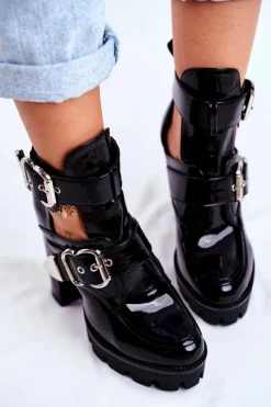 Outlet Damskie Botki Na Słupku Lakierowane Czarne Rock Time! Damskie Botki Na Słupku|Botki Na Obcasie