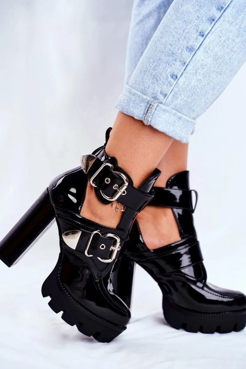 Outlet Damskie Botki Na Słupku Lakierowane Czarne Rock Time! Damskie Botki Na Słupku|Botki Na Obcasie