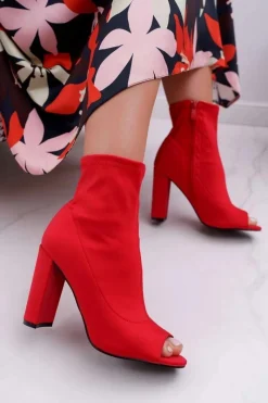 Outlet Damskie Botki Na Słupku Lycra Odkryte Palce Czerwone First Damskie Botki Na Słupku|Botki Na Obcasie