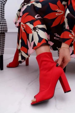 Outlet Damskie Botki Na Słupku Lycra Odkryte Palce Czerwone First Damskie Botki Na Słupku|Botki Na Obcasie