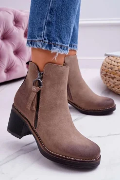 Botki Na Słupku|Botki Zimowe Damskie>Boto Damskie Botki Na Słupku Ocieplane Filcem Beżowe Delia