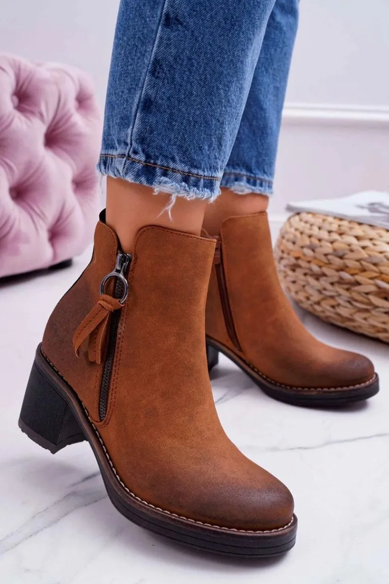 New Boto Damskie Botki Na Słupku Ocieplane Filcem Camel Delia