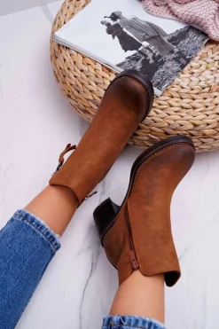 New Boto Damskie Botki Na Słupku Ocieplane Filcem Camel Delia