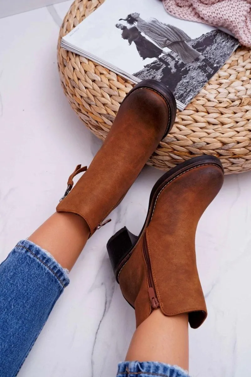 New Boto Damskie Botki Na Słupku Ocieplane Filcem Camel Delia